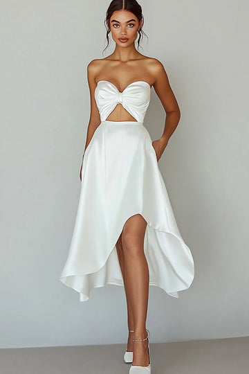 Strapless Cut Out White A Line Satin Midi Graduation Dress